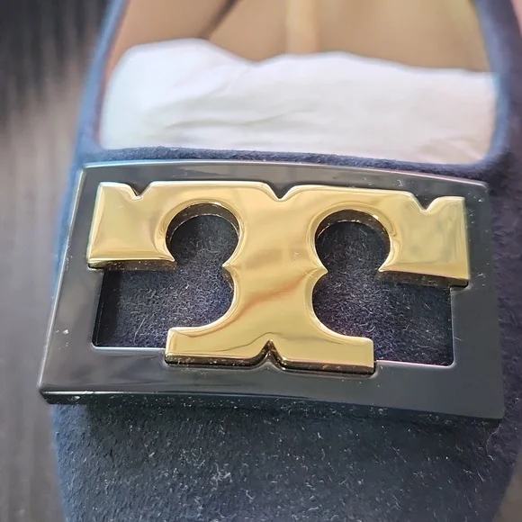 Tory Burch Navy Blue Suede Flats with Gold Logo - Picture 5 of 12